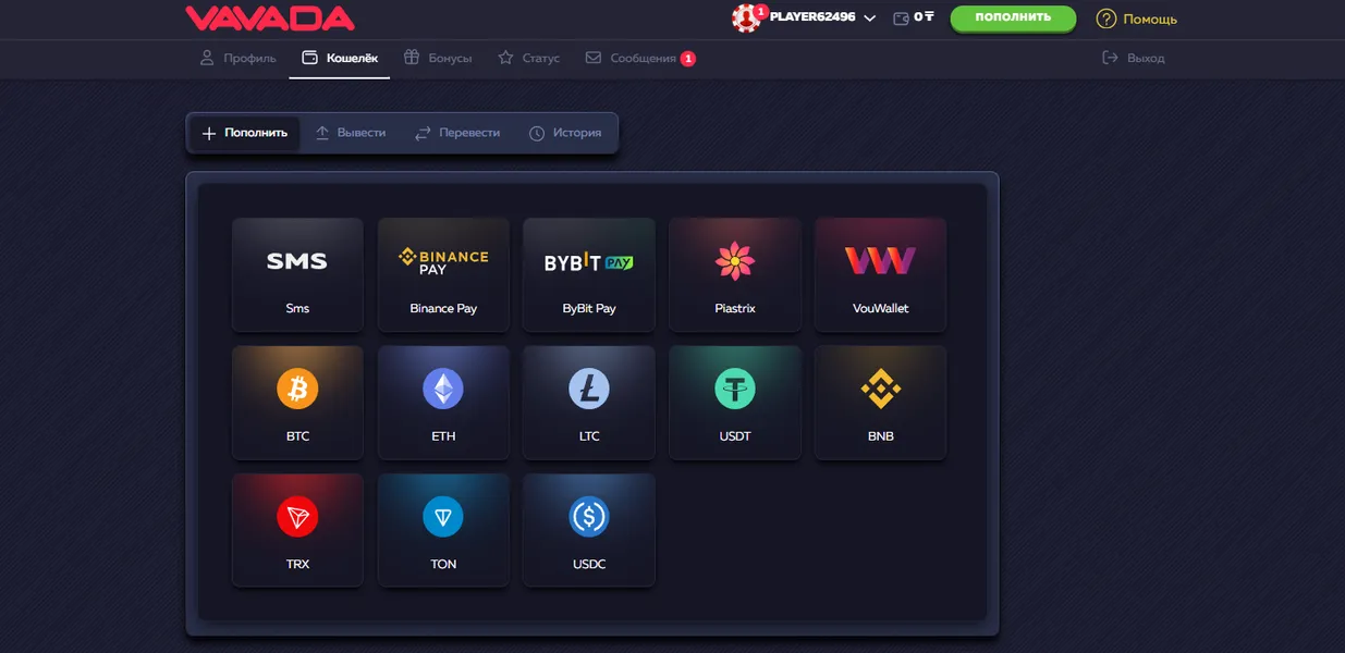 Пополнение и вывод средств через Вавада зеркало