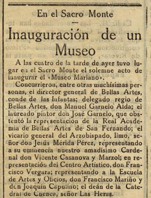 Fragmento de un periódico en el que se daba la noticia de que el Museo Mariano de la Abadía del Sacromonte se abría.